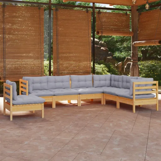 Conjunto Lounge de Jardim + Almofadões Cinza Pinho Maciço (7 pcs)