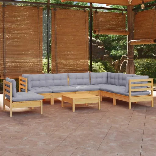 Conjunto Lounge de Jardim + Almofadões Cinza Pinho Maciço (8 pcs)