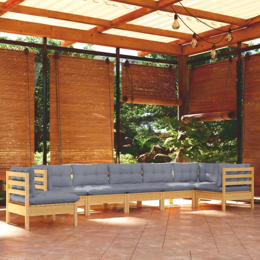 Conjunto Lounge de Jardim + Almofadões Cinza Pinho Maciço (8 pcs)