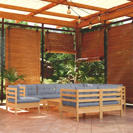 Conjunto Lounge de Jardim + Almofadões Cinza Pinho Maciço (10 pcs)
