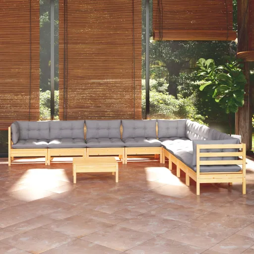 Conjunto Lounge de Jardim + Almofadões Cinza Pinho Maciço (10 pcs)