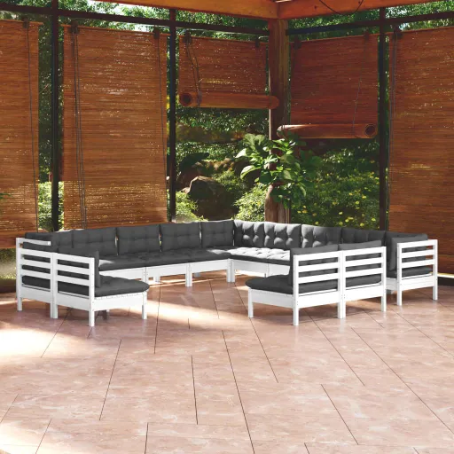 Conj. Lounge de Jardim c/ Almofadões Pinho Maciço Branco (13 pcs)