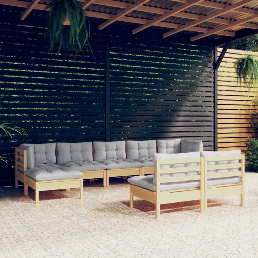Conjunto Lounge de Jardim c/ Almofadões Cinzentos Pinho (9 pcs)