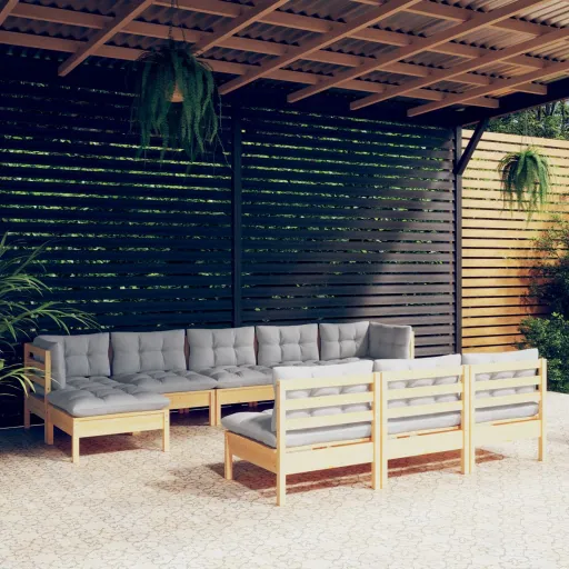 Conjunto Lounge de Jardim c/ Almofadões Cinzentos Pinho (10 pcs)