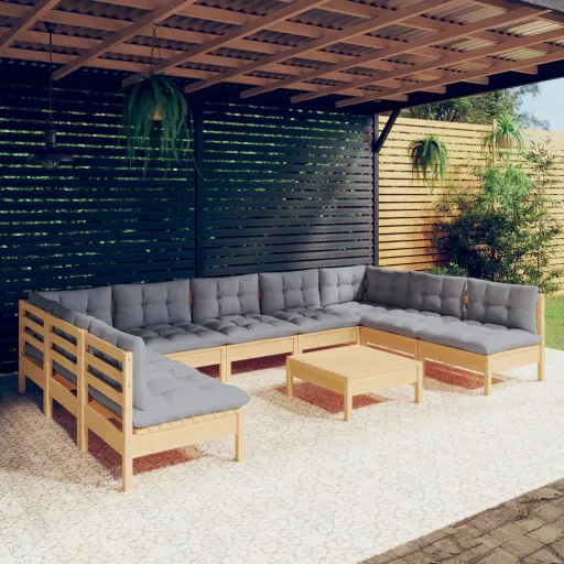 Conjunto Lounge de Jardim + Almofadões Cinza Pinho Maciço (10 pcs)