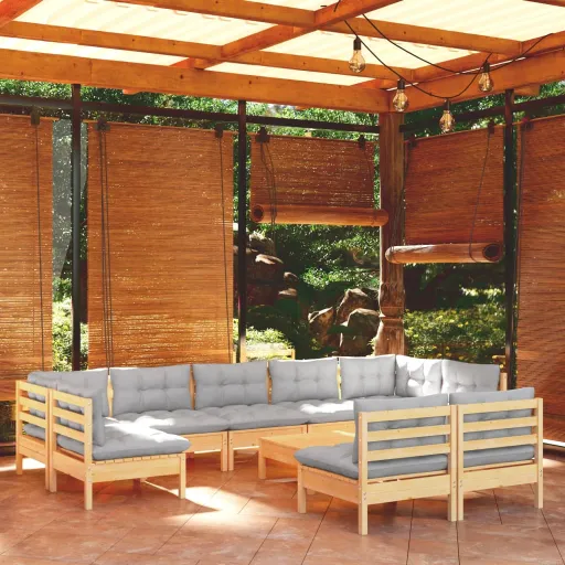 Conjunto Lounge de Jardim + Almofadões Cinza Pinho Maciço (10 pcs)
