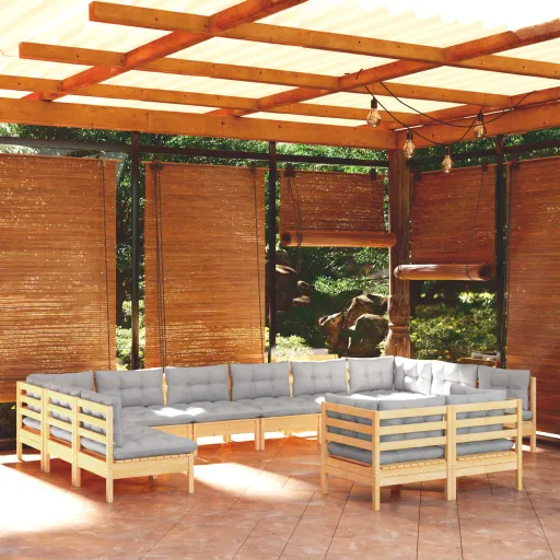 Conjunto Lounge de Jardim + Almofadões Cinza Pinho Maciço (11 pcs)