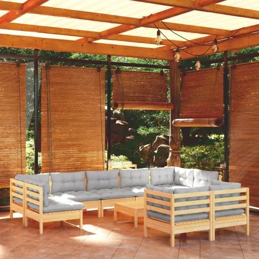 Conjunto Lounge de Jardim + Almofadões Cinza Pinho Maciço (10 pcs)