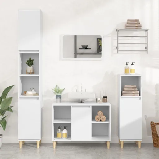 Conjunto Móveis Casa de Banho Derivados de Madeira Branco (3 pcs)