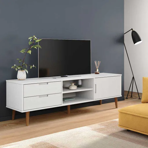 Móvel de TV MOLDE 158x40x49 cm Pinho Maciço Branco