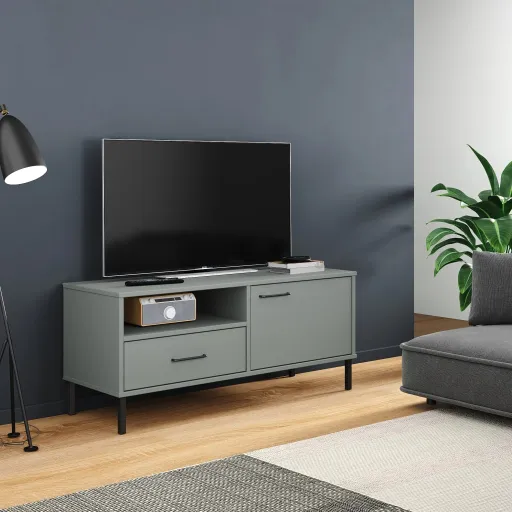 Móvel de TV c/ Pernas de Metal OSLO Pinho Maciço Cinzento