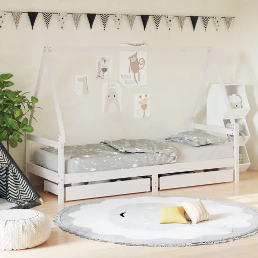 Estrutura Cama Infantil c/ Gavetas 80x200cm Pinho Maciço Branco