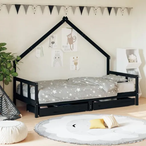 Estrutura Cama Infantil c/ Gavetas 90x200 cm Pinho Maciço Preto
