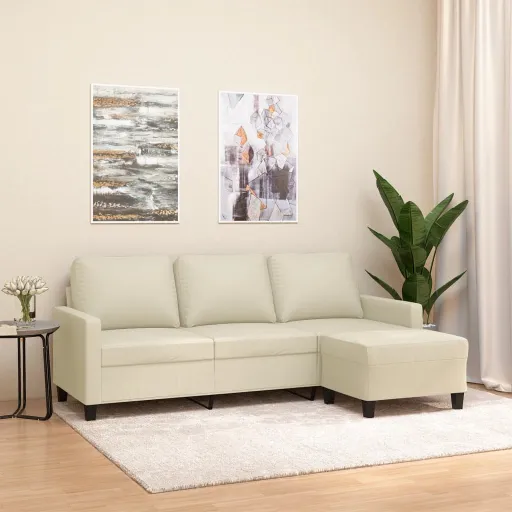 Sofá 3 Lugares c/ Apoio Pés 180 cm Couro Artificial Cor Creme