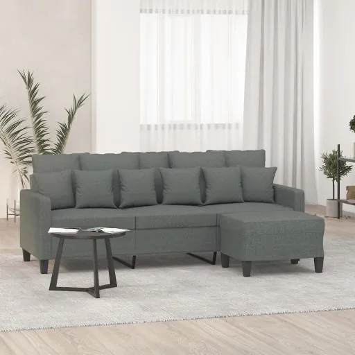 Sofá de 3 Lugares com Apoio de Pés 180 cm Tecido Cinza-Escuro