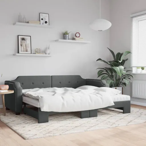 Sofá-Cama c/ Gavetão e Colchões 90x190cm Tecido Cinzento-Escuro