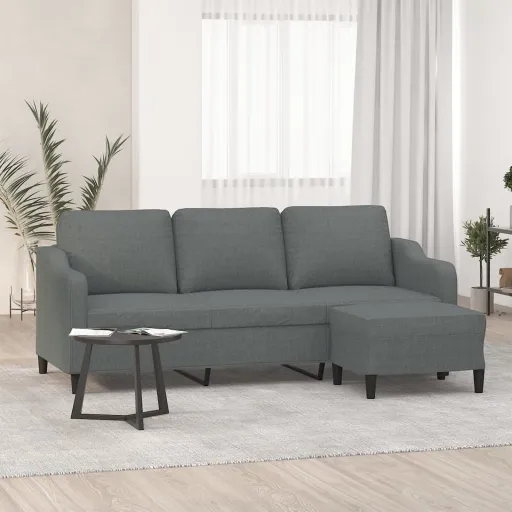 Sofá de 3 Lugares com Apoio de Pés 180 cm Tecido Cinza-Escuro