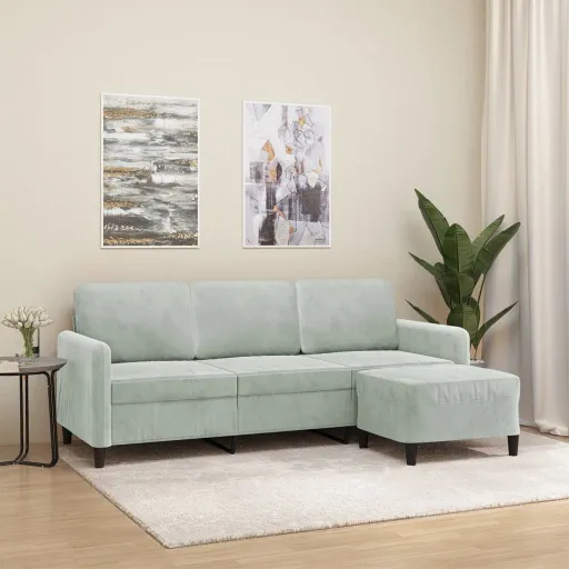 Sofá de 3 Lugares com Apoio de Pés 180 cm Veludo Cinzento-Claro