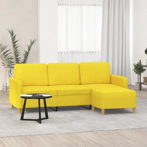 Sofá de 3 Lugares com Apoio de Pés 180 cm Tecido Amarelo-Claro