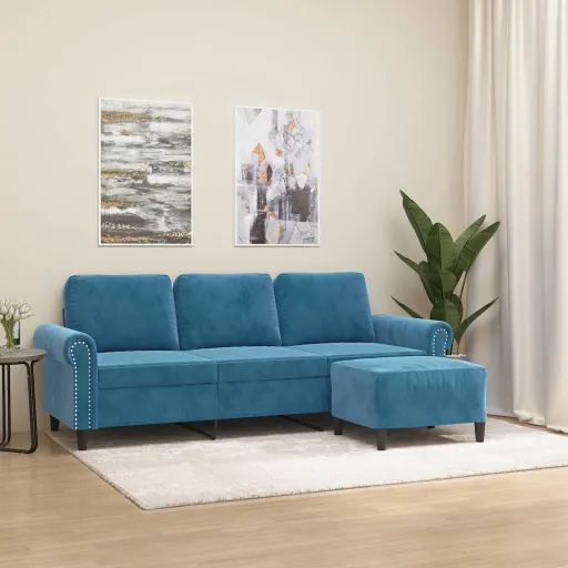Sofá de 3 Lugares com Apoio de Pés 180 cm Veludo Azul