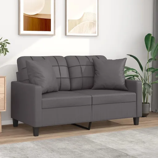 Sofá 2 Lugares + Almofadas Decorativas 120cm Couro Artif. Cinza