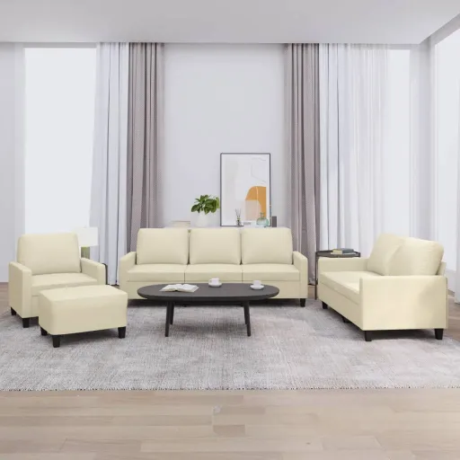 Conjunto Sofás c/ Almofadões Couro Artificial Cor Creme (4 pcs)