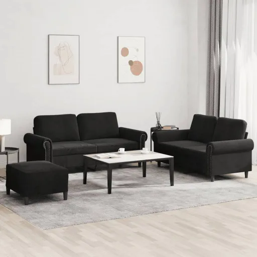 Conjunto de Sofás com Almofadões Veludo Preto (3 pcs)