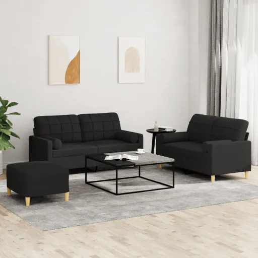 Conjunto de Sofás com Almofadas Tecido Preto (3 pcs)