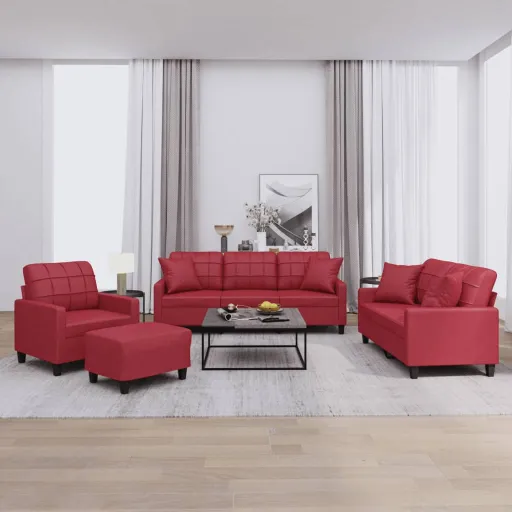 Conjunto Sofás com Almofadas Couro Artif. Vermelho-Tinto (4 pcs)