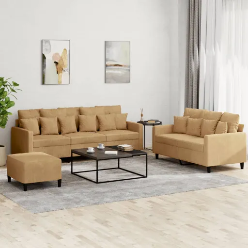 Conjunto de Sofás com Almofadões Veludo Castanho (3 pcs)
