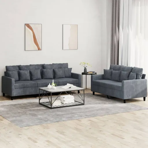 Conjunto de Sofás com Almofadões Veludo Cinzento-Escuro (2 pcs)