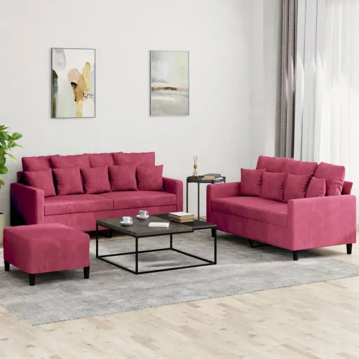 Conjunto de Sofás com Almofadões Veludo Vermelho Tinto (3 pcs)