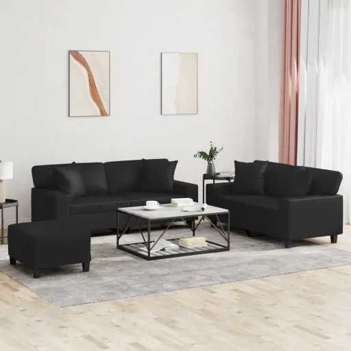 Conjunto de Sofás com Almofadas Couro Artificial Preto (3 pcs)