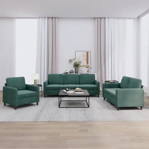 Conjunto de Sofás Veludo Verde-Escuro (3 pcs)