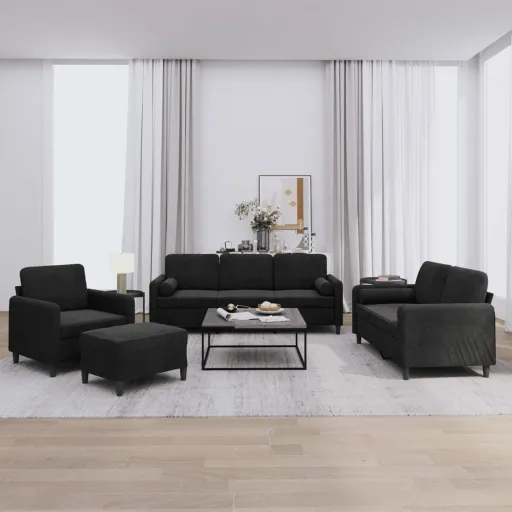 Conjunto de Sofás com Almofadas Veludo Preto (4 pcs)