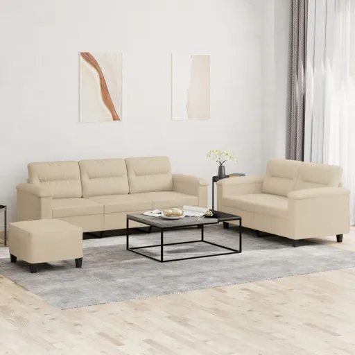 Conj. Sofás c/ Almofadões Tecido de Microfibra Cor Creme (3 pcs)