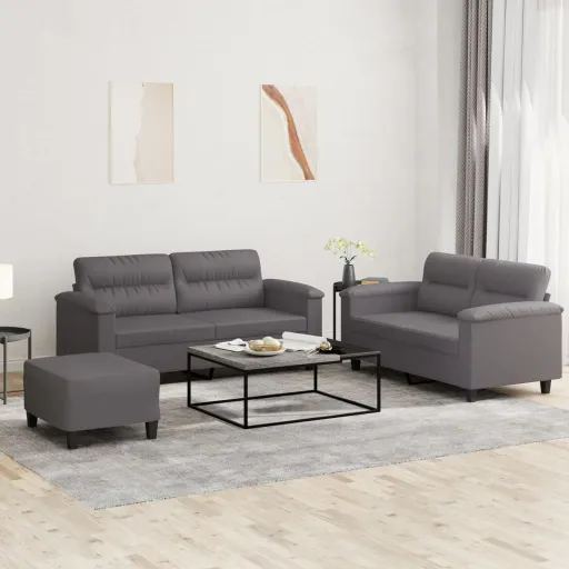 Conjunto de Sofás c/ Almofadões Couro Artificial Cinzento (3 pcs)