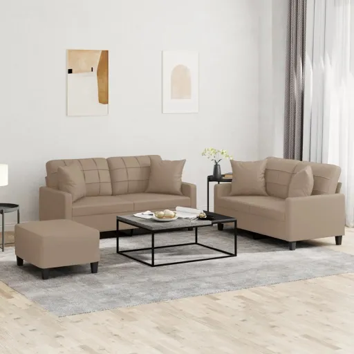Conjunto Sofás c/ Almofadas Couro Artificial Cappuccino (3 pcs)