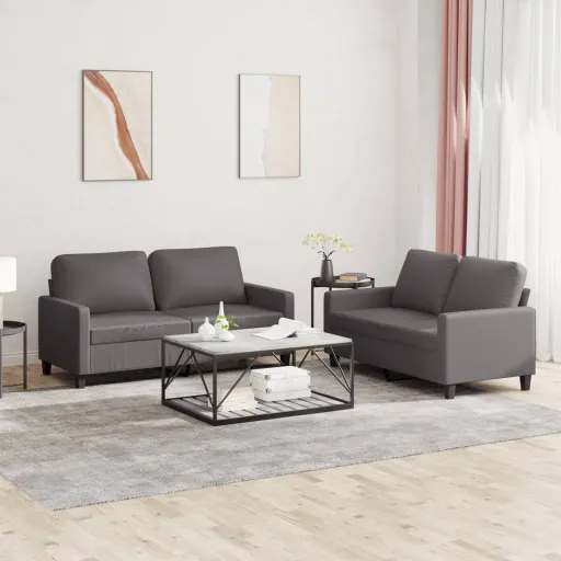 Conjunto de Sofás c/ Almofadões Couro Artificial Cinzento (2 pcs)