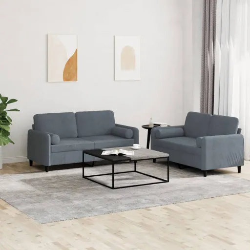 Conjunto de Sofás com Almofadas Veludo Cinzento-Escuro (2 pcs)