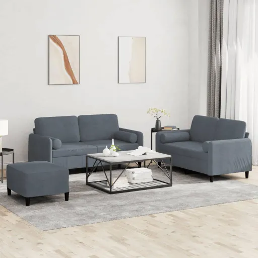 Conjunto de Sofás com Almofadas Veludo Cinzento-Escuro (3 pcs)