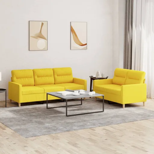 Conjunto de Sofás com Almofadões Tecido Amarelo-Claro (2 pcs)