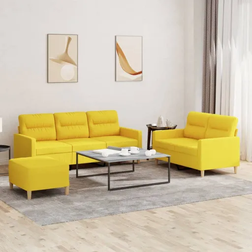 Conjunto de Sofás com Almofadões Tecido Amarelo-Claro (3 pcs)