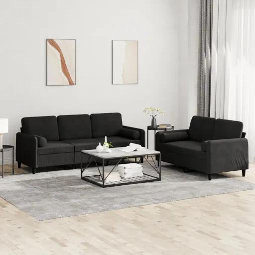 Conjunto de Sofás com Almofadas Veludo Preto (2 pcs)
