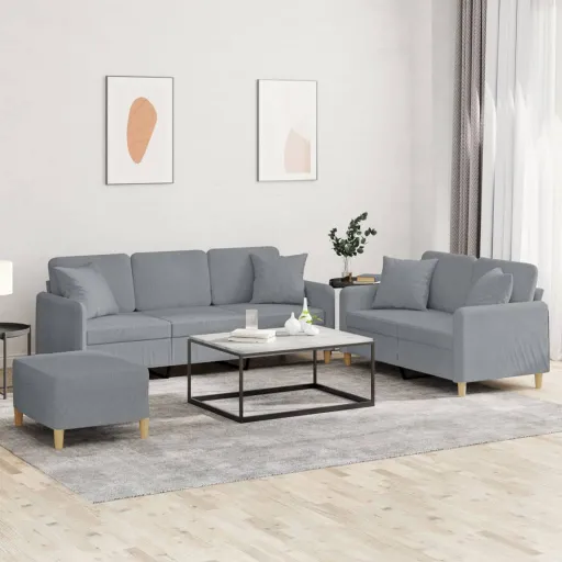 Conjunto de Sofás com Almofadas Tecido Cinzento-Claro (3 pcs)