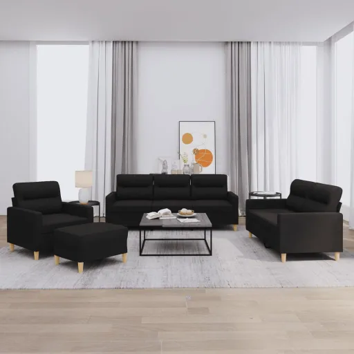 Conjunto de Sofás com Almofadões Tecido Preto (4 pcs)