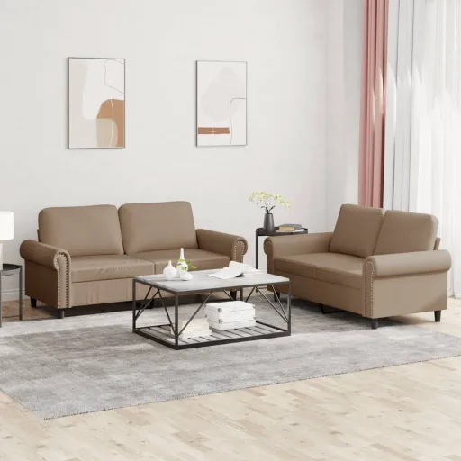 Conjunto Sofás c/ Almofadões Couro Artif. Cor Cappuccino (2 pcs)