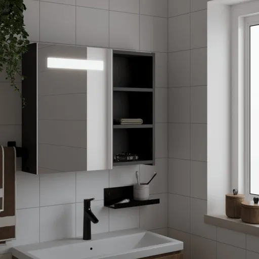 Armário Espelhado p/ Casa de Banho c/ LEDs 60x13x52 cm Preto