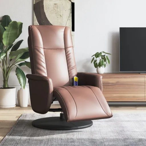 Poltrona Massagens Recl. c/ Apoio Pés Couro Artificial Castanho
