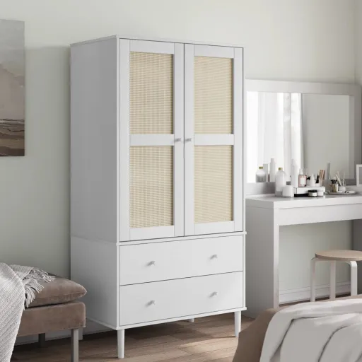 Roupeiro SENJA Aspeto Vime 90x55x175 cm Pinho Maciço Branco